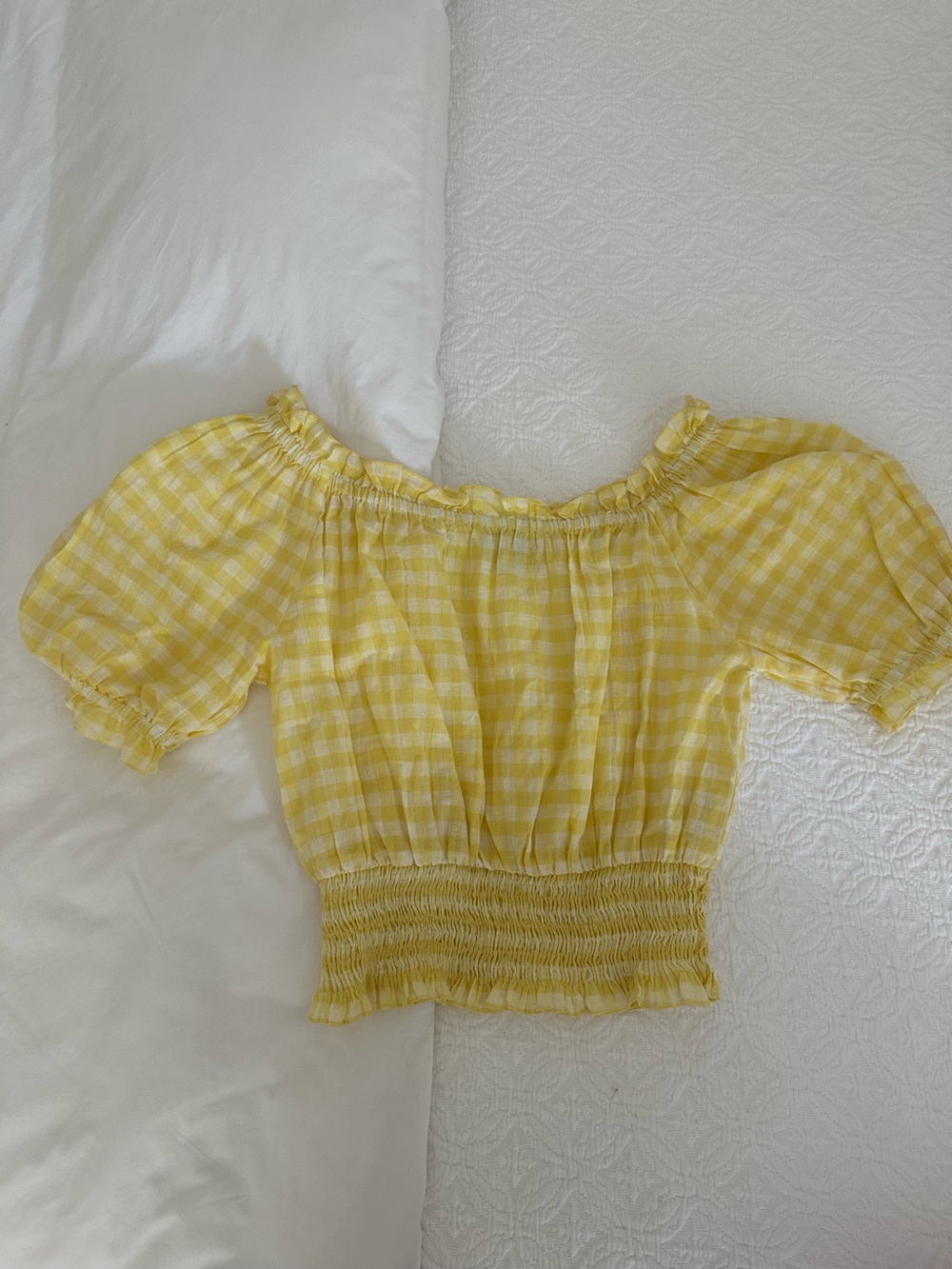 Olivia James Yellow Gingham Off-Shoulder Smocked Women’s Crop Top